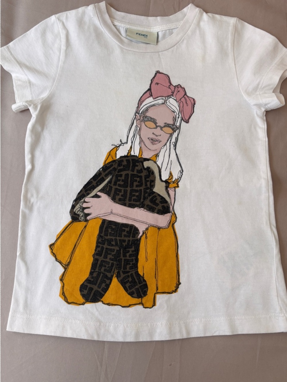 Fendi Kids  4 years White Tee with Yellow Dress and Pink Bow Graphic